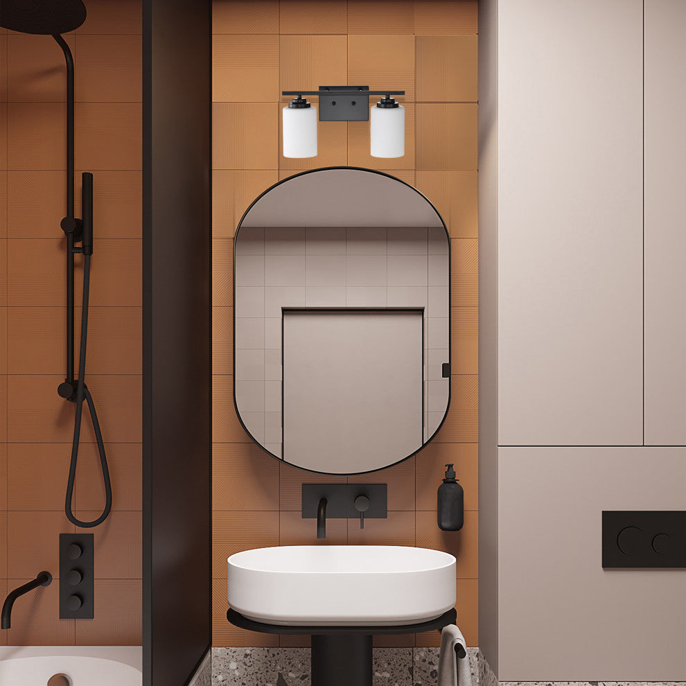 2-Light Matte Black Vanity With Etched White Glass Shades