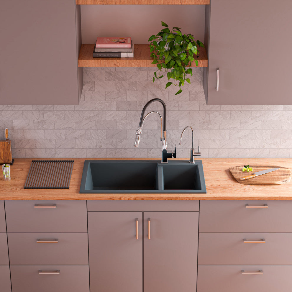 Titanium 34" Double Bowl Drop In Granite Composite Kitchen Sink