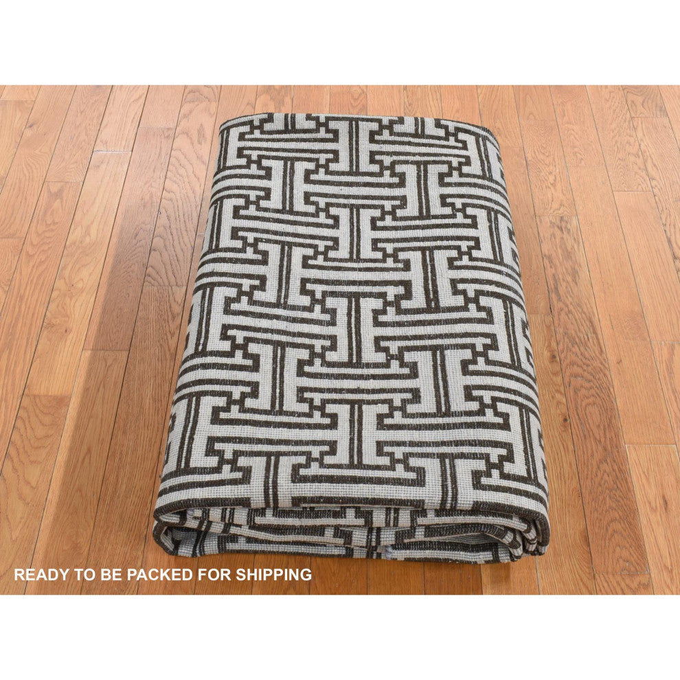 Gray Pure Silk With Wool Roman Key Design Hand Knotted Oriental Rug 7'10"x10'3"