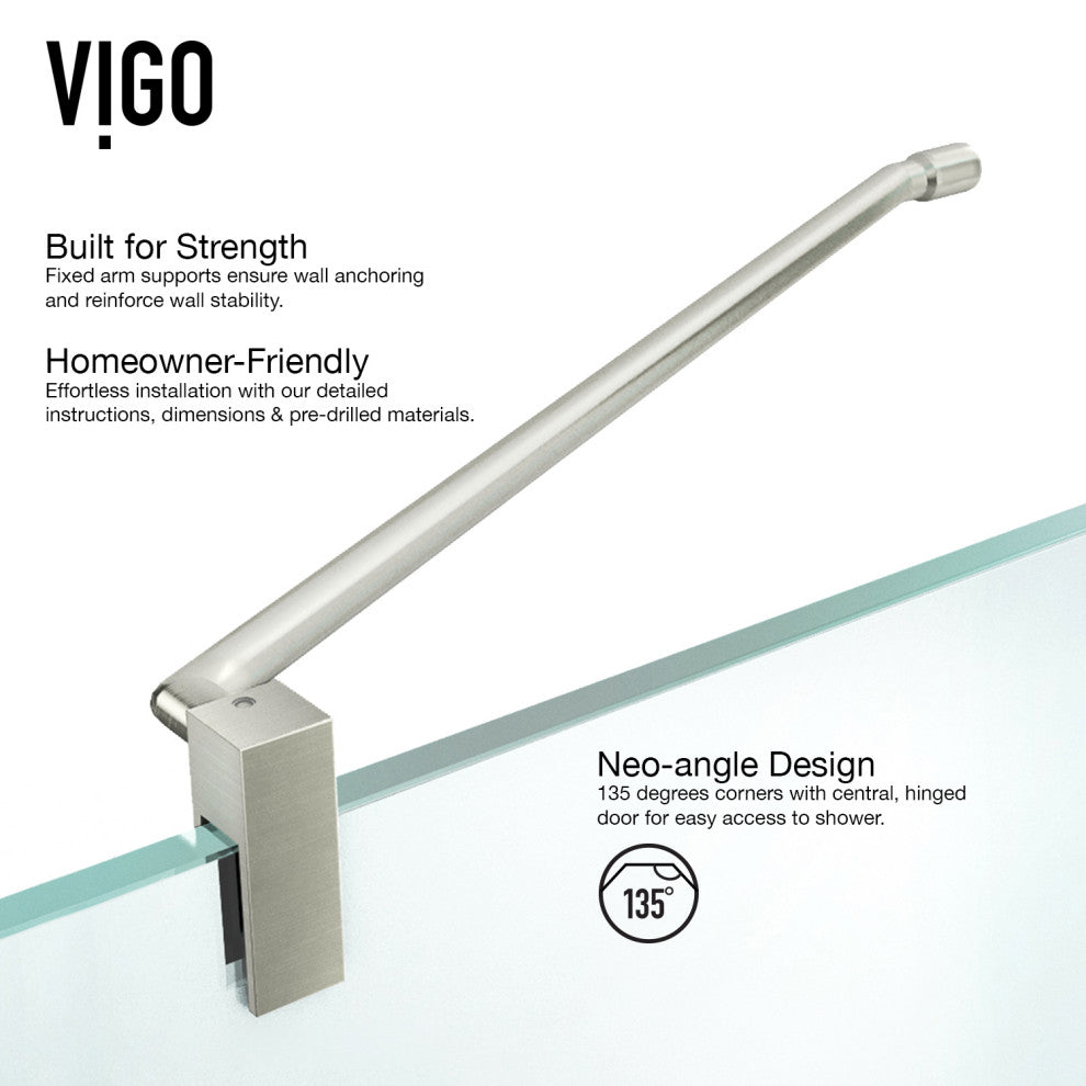 VIGO Piedmont Frameless Hinged Neo-Angle Shower Enclosure, Brushed Nickel, 38" D X 38" W, Low Base