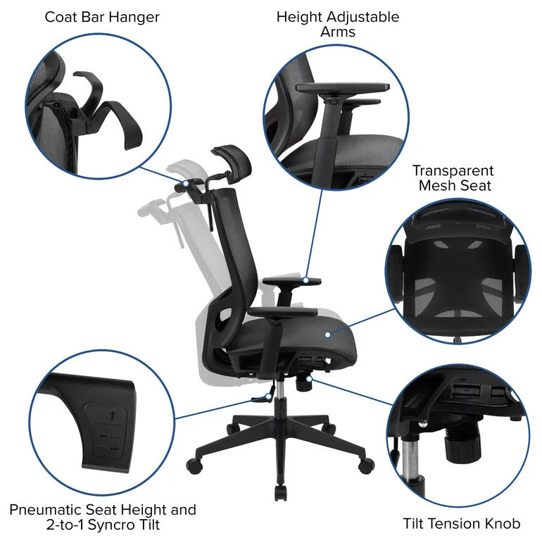 Ergonomic Office Chair, Curved Seat With Adjustable Arms & Headrest, Black