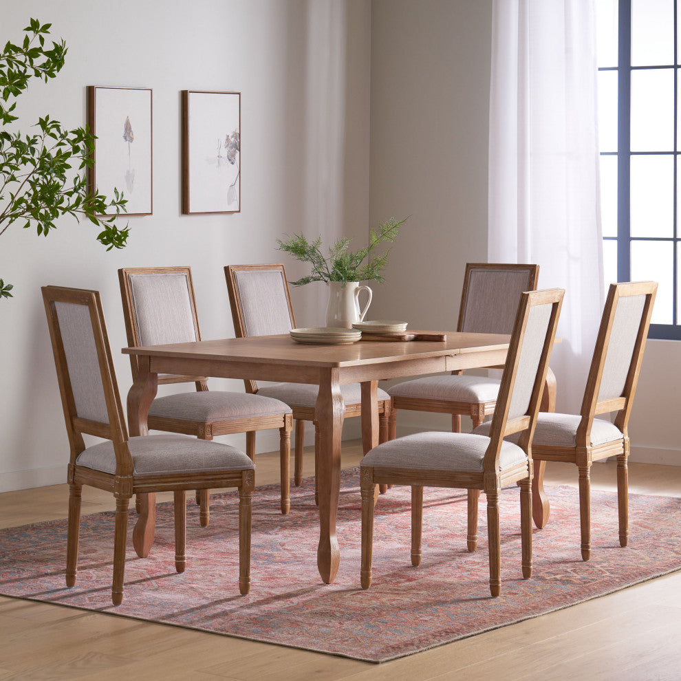 Fernleaf French Country Fabric Upholstered Wood Expandable 7-Piece Dining Set, Natural Brown/Light Gray