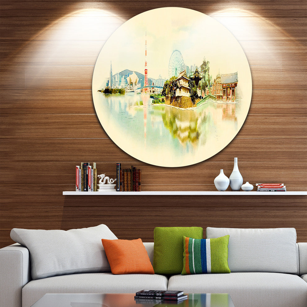 Tokyo Panoramic View, Cityscape Watercolor Disc Metal Wall Art, 36"