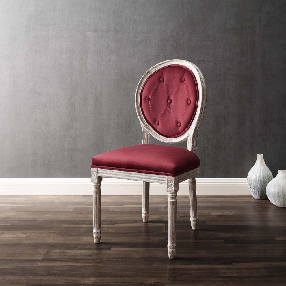 French Vintage Side Dining Chair, Velvet, Wood, Brown Natural Red, Modern