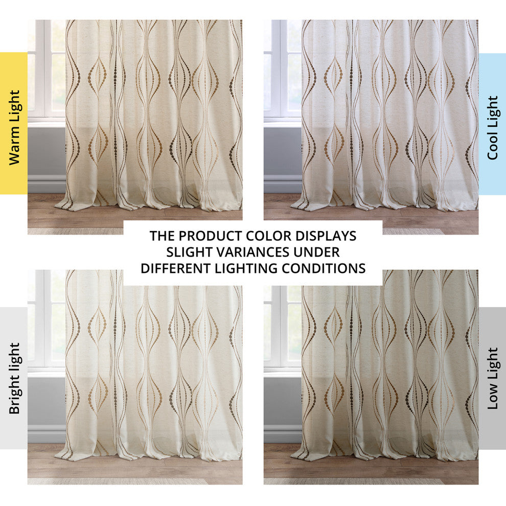 Suez Bronze Embroidered FauxLinen Sheer Curtain Single Panel, 50"x96"