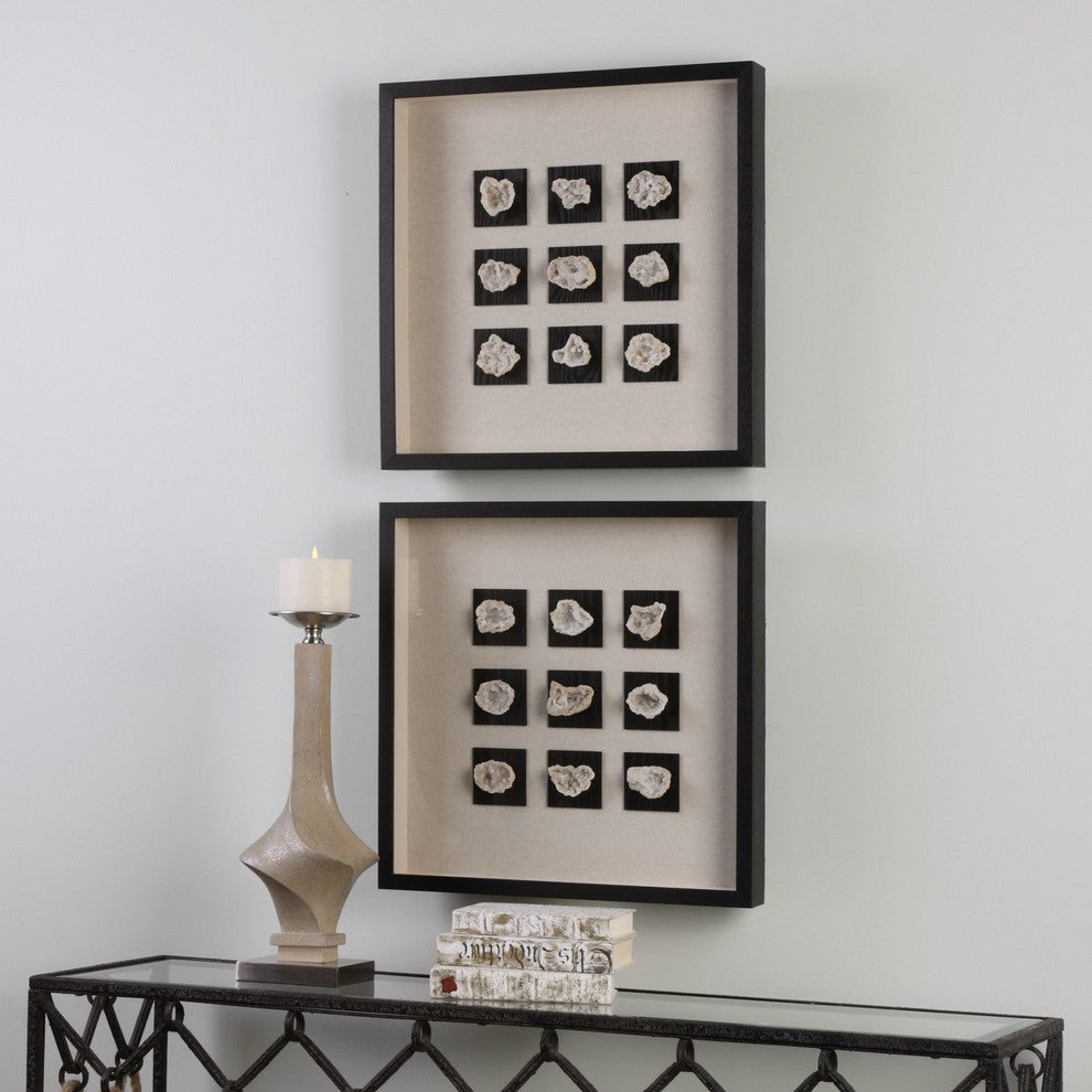 Elegant Rock Geode Shadow Box Wall Art, Natural Stone Crystal Black Frame