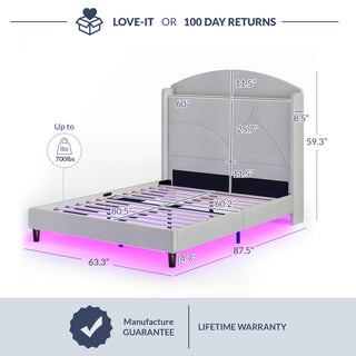 Upholstered Bed Frame W/Headboard Storage, LED Light & Outlets - Queen