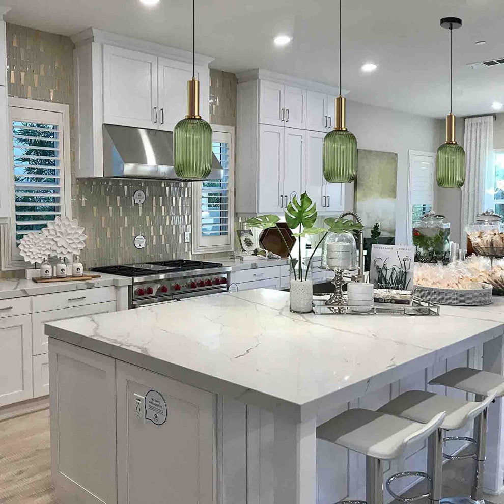 Modern Green Pendant Light Fixture, Island, Striped Pendant Lamp