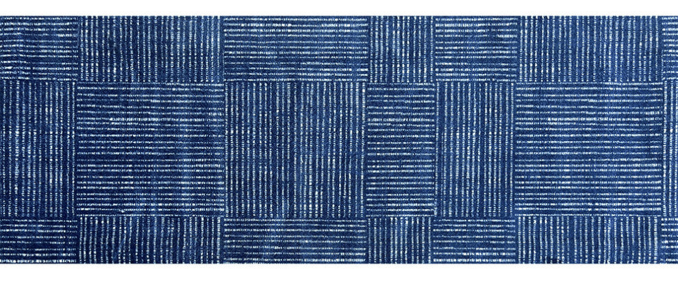 2' X 6' Navy Blue Striped Washable Runner Rug With UV Protection