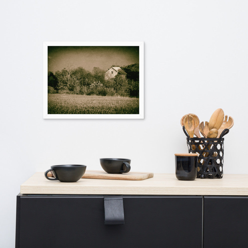 Abandoned Barn In The Trees Vintage Framed Photo Paper Wall Art Prints, White, 12" X 16"