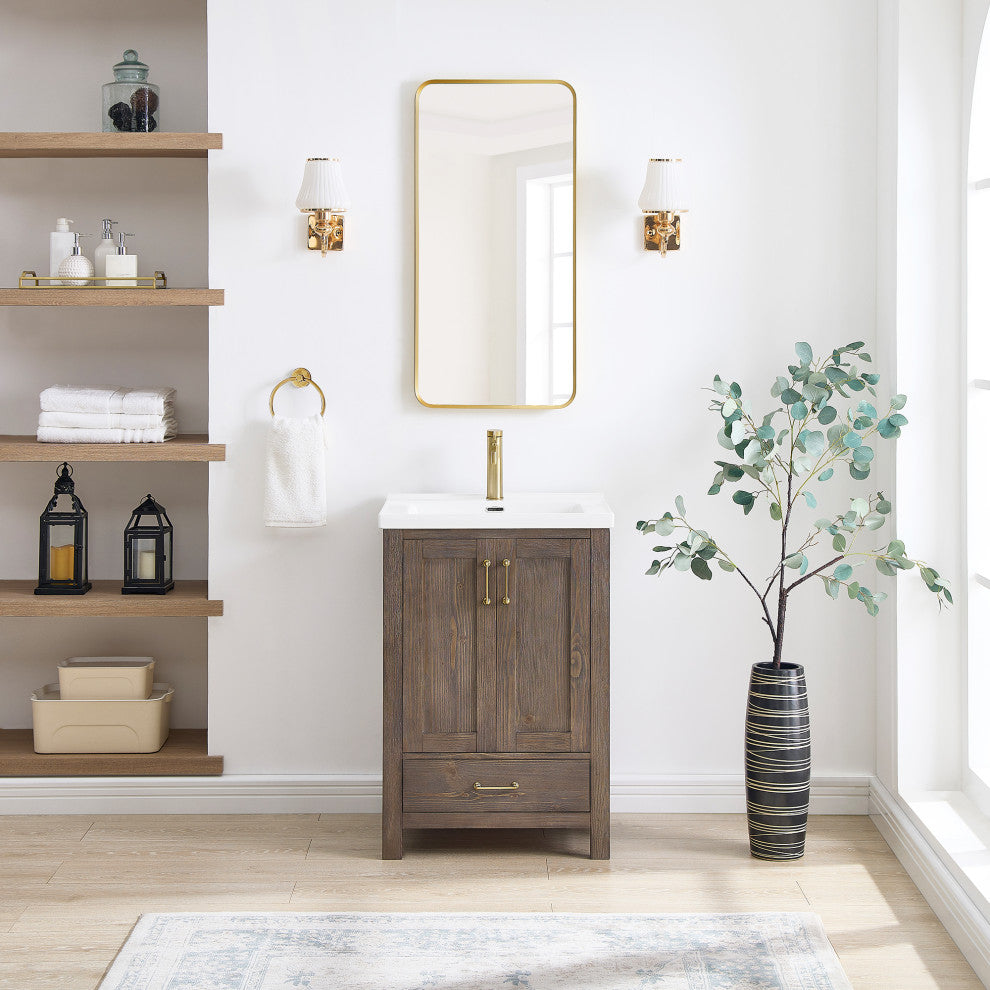 Gela Single Bath Vanity with Ceramic Basin Top, Spruce Vintage Brown, 24", No Mirror
