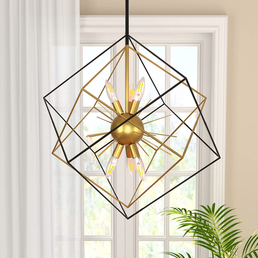 6 Light Modern Sputnik Chandelier Adjustable Black and Gold Cage Pendant Lamp