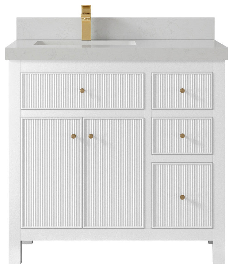 Sonoma 36 Left Offset Reeded  Bath Vanity in White 2" Carrara Quartz