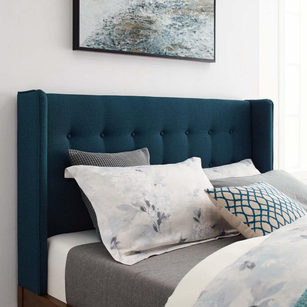 Contemporary Modern Bedroom Queen Size Platform Bed Frame, Fabric, Blue