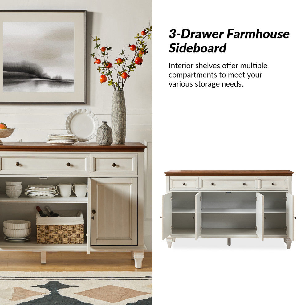 Traditional Sideboard With Storage With 3 Drawers, White