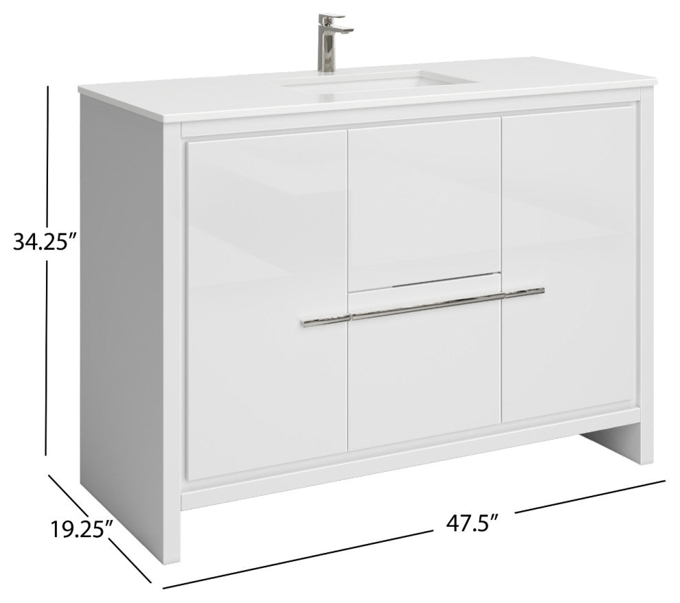 Esconde Bath Vanity, High Gloss White, 48", Single Sink, Freestanding