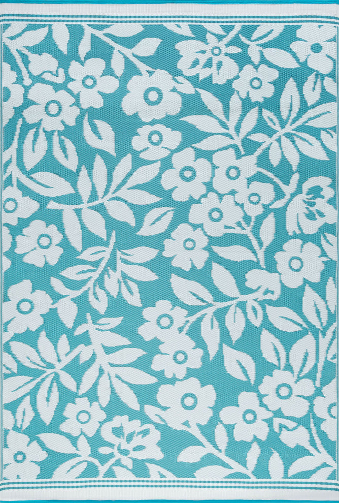 Kaliyah Transitional Floral Aqua/White Rectangle Indoor/Outdoor Area Rug, 4''x6''