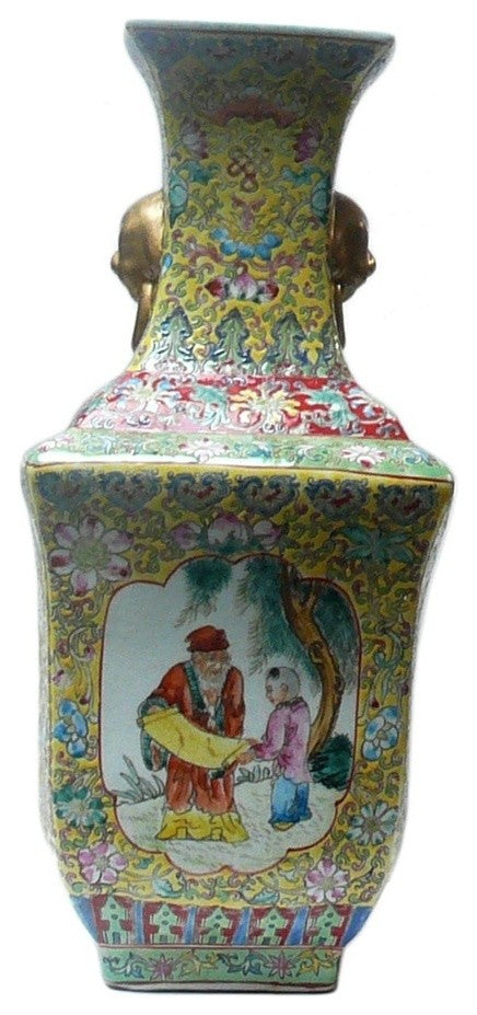 Chinese Yellow Base Canton Famille Porcelain Vase
