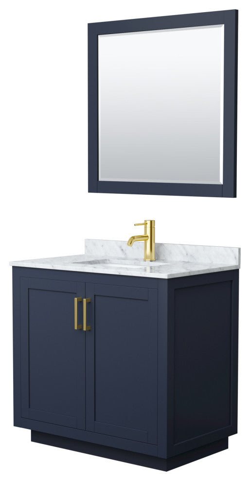 36"SGL Bathroom Vanity Dark Blue, Carrara Countertop, Sink, Gold Trim, 34"Mirror