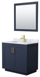 36"SGL Bathroom Vanity Dark Blue, Carrara Countertop, Sink, Gold Trim, 34"Mirror