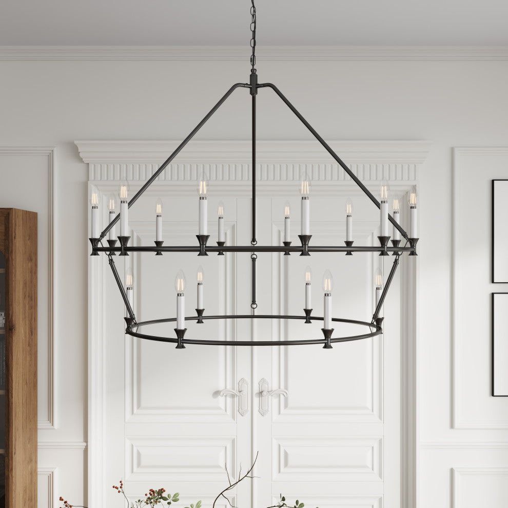 Farmhouse Black 2-Tier Wagon Wheel 18-Light Candle Chandelier