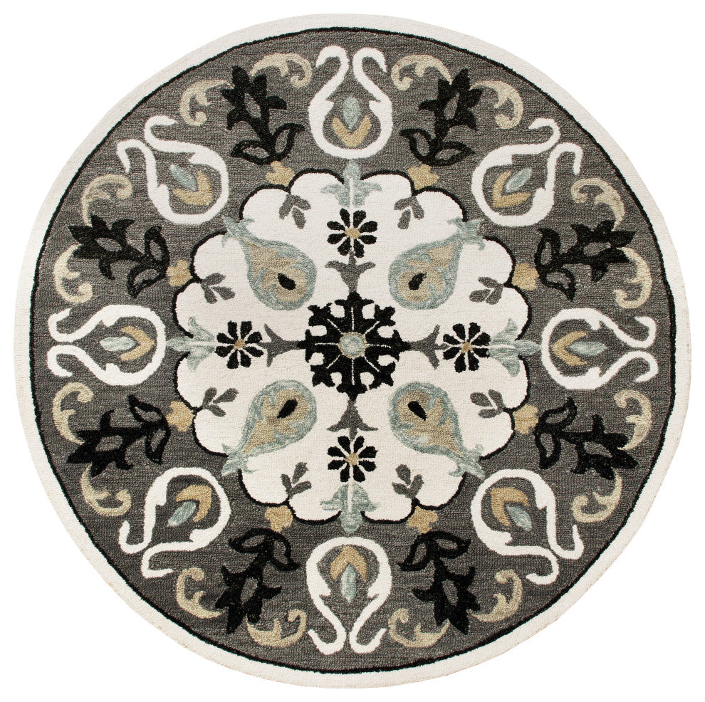 Ornate Gray and White Medallion Round Rug, 7' Round