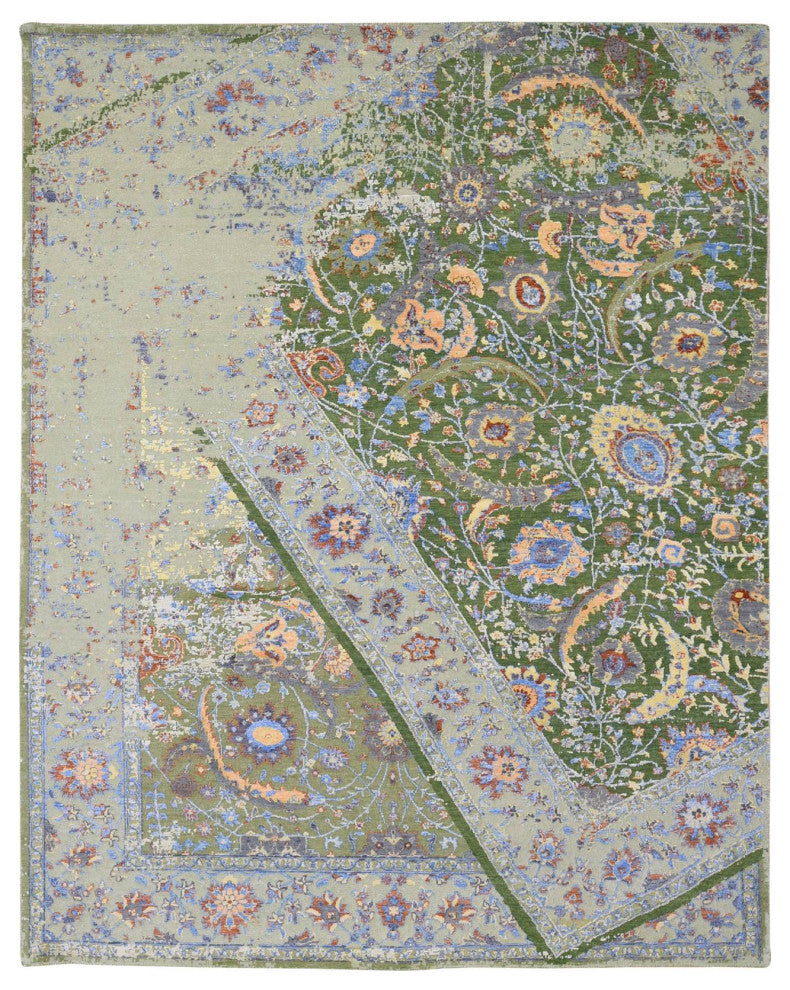 Green Rug, on Rug, Design Hand Knotted Silk With Textured Wool Rug, 7'9"x9'10"