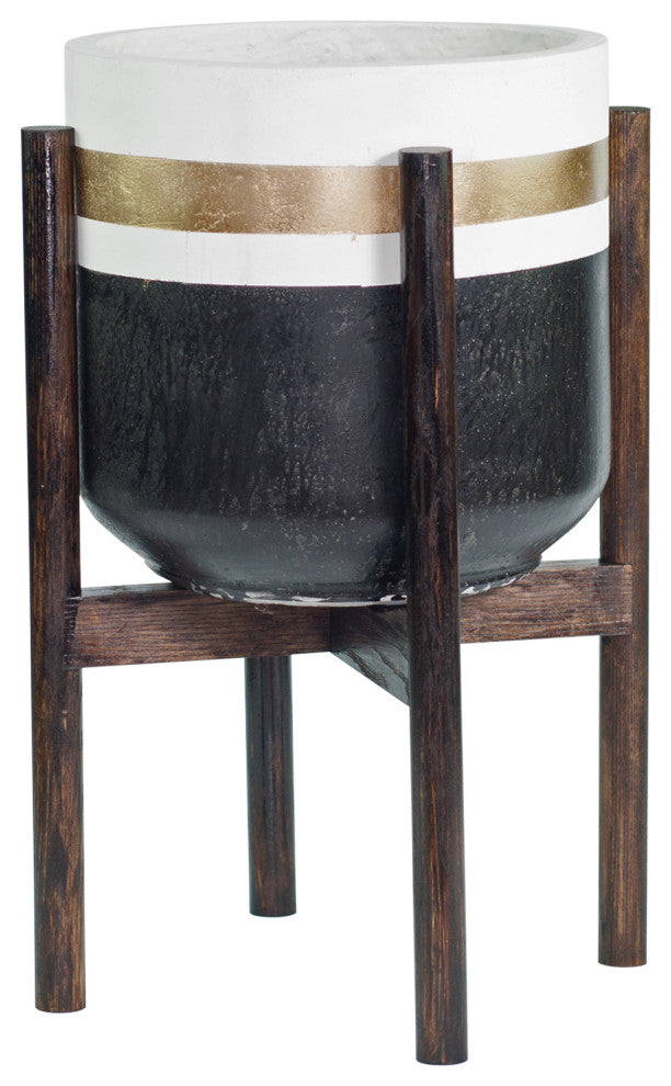 Large Handcrafted Fiber Clay Cylinder Pot 10'' With Wood Plant Stand Dark Walnut