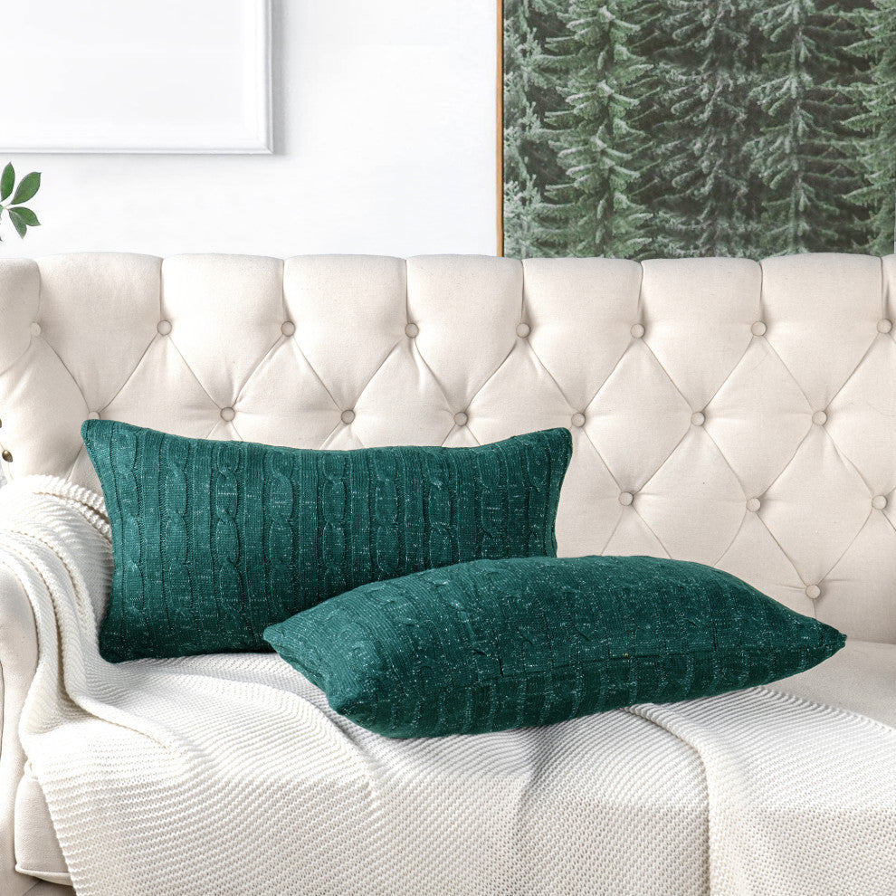Cable Knit 2 Piece Lumbar Pillow Shell Set, Deep Teal, 2 Piece, 14"x26"