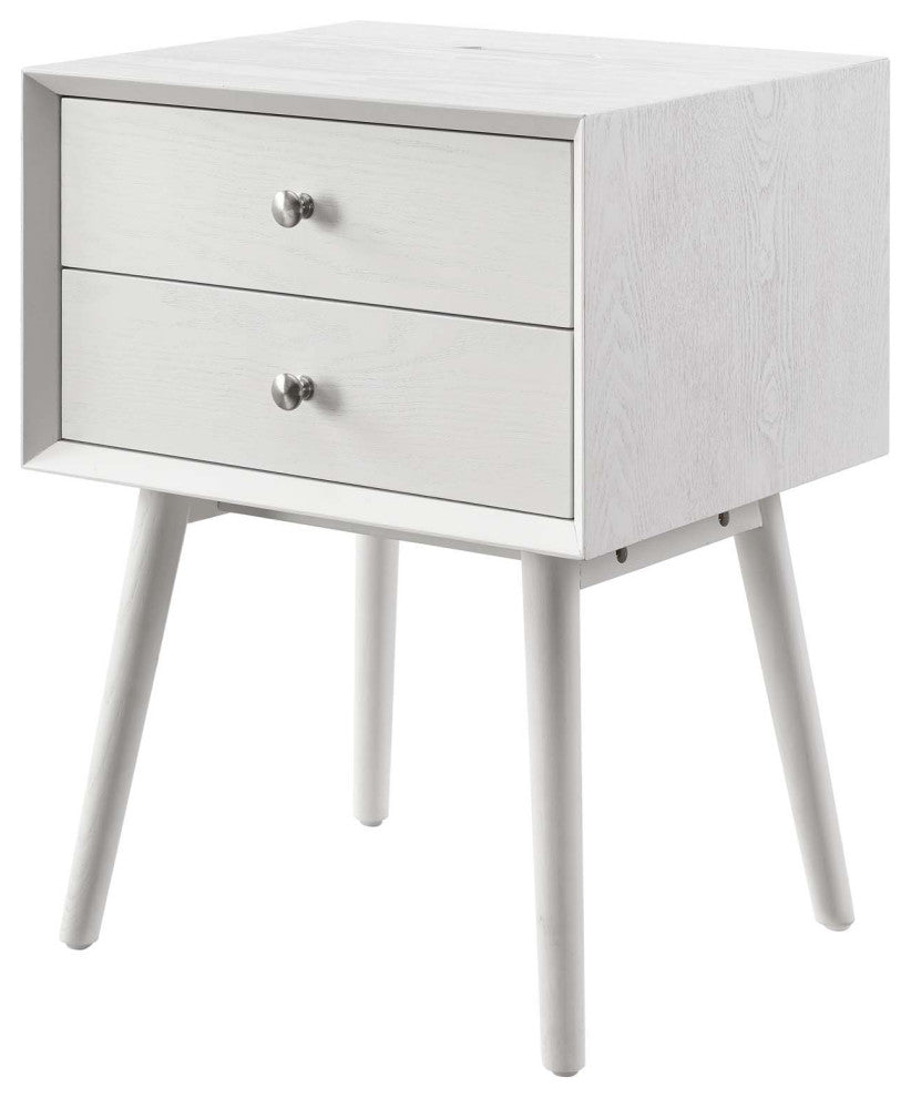 Nightstand Side End Table, Wood, White, Modern Mid-Century, Bedroom Living Room