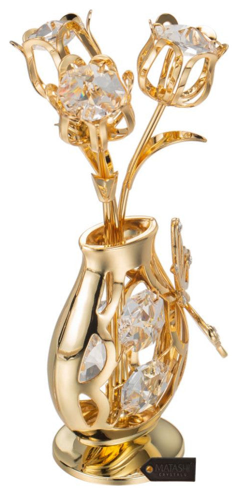 Matashi 24K Gold Plated Flower Ornament in Vase w Crystals Decorative Butterfly