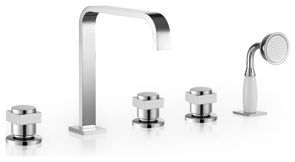 Vikran Triple Handle Deck-Mount Roman Tub Faucet Trim With Handshower, Polished Chome