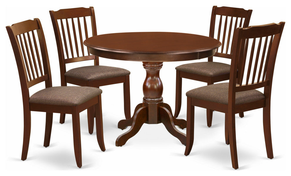 5 Pc Dining Set, Mahogany Table, 4 Mahogany Dining Chairs, Slatted Back