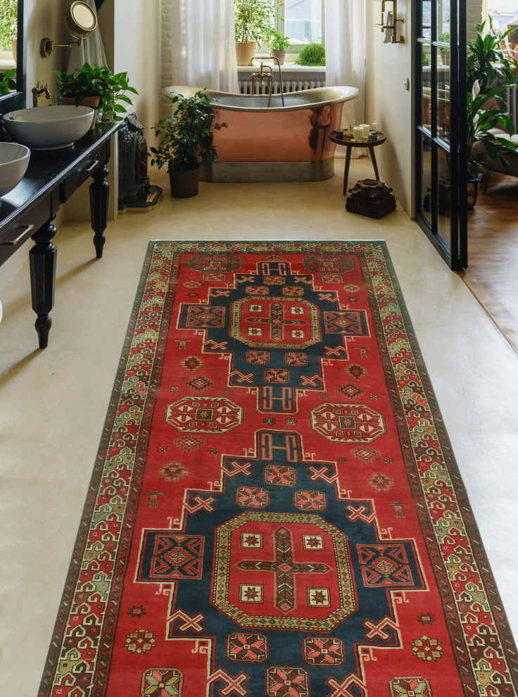 Fine Vintage Distressed Abigay Red/Navy Runner, 4'7x11'2