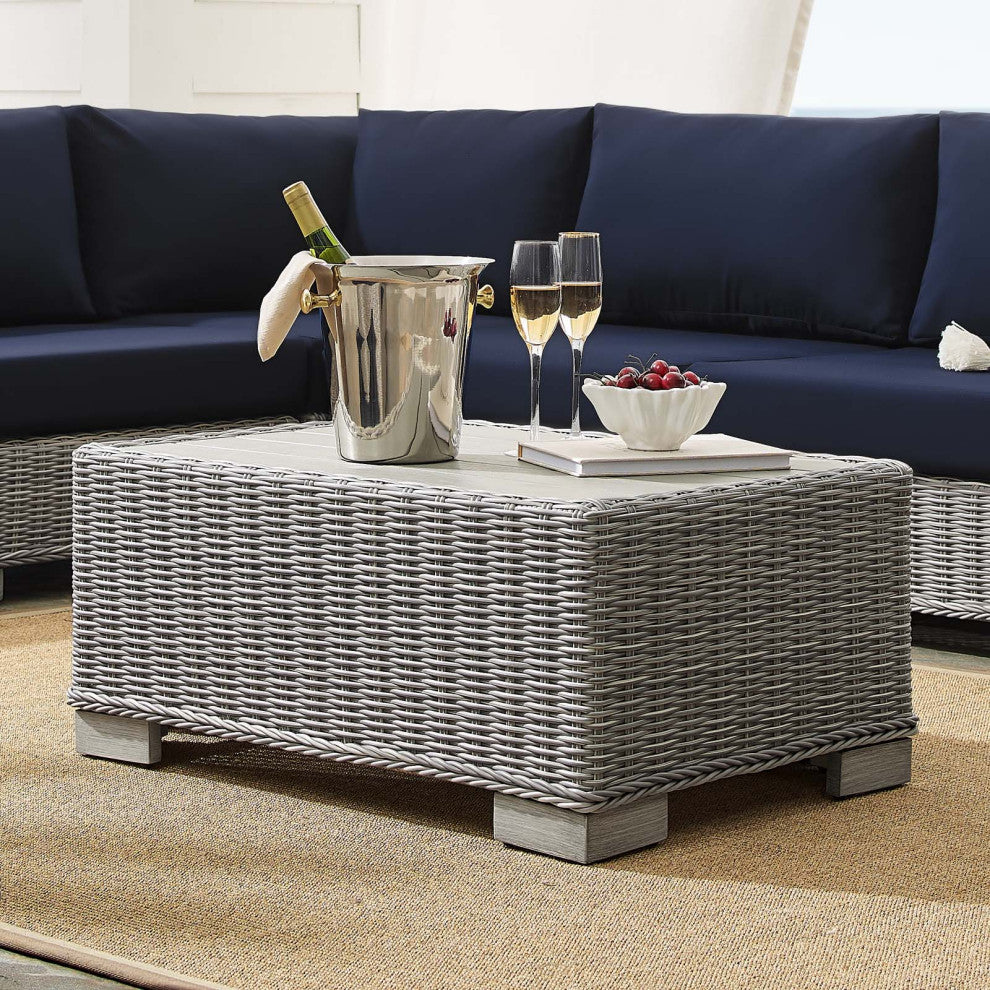 Lounge Sectional Sofa Chair Table Set, Rattan, Gray Blue Navy, Outdoor