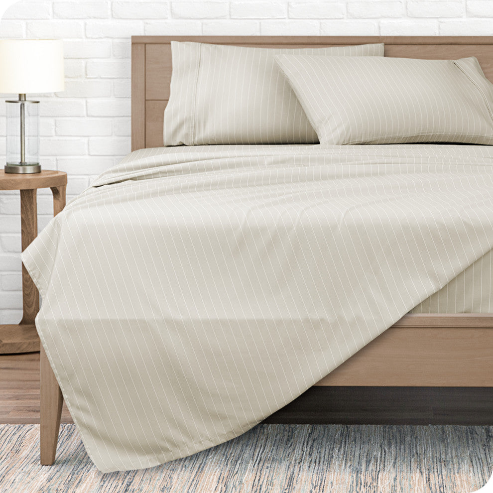 1800 Microfiber Printed Sheet Set, Pinstripe - Stone/White, California King