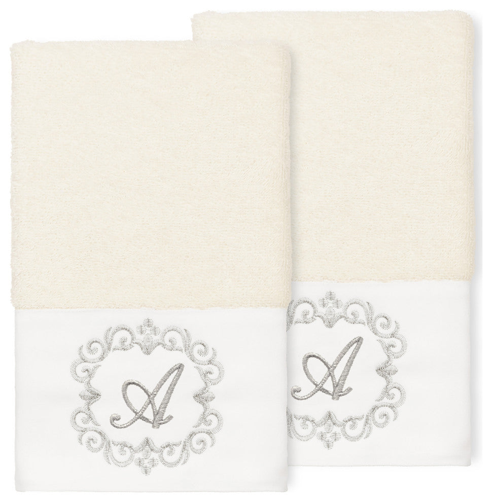 Linum Home Turkish Cotton Monica 2-Piece Embellished Hand Towel Set, Cream
