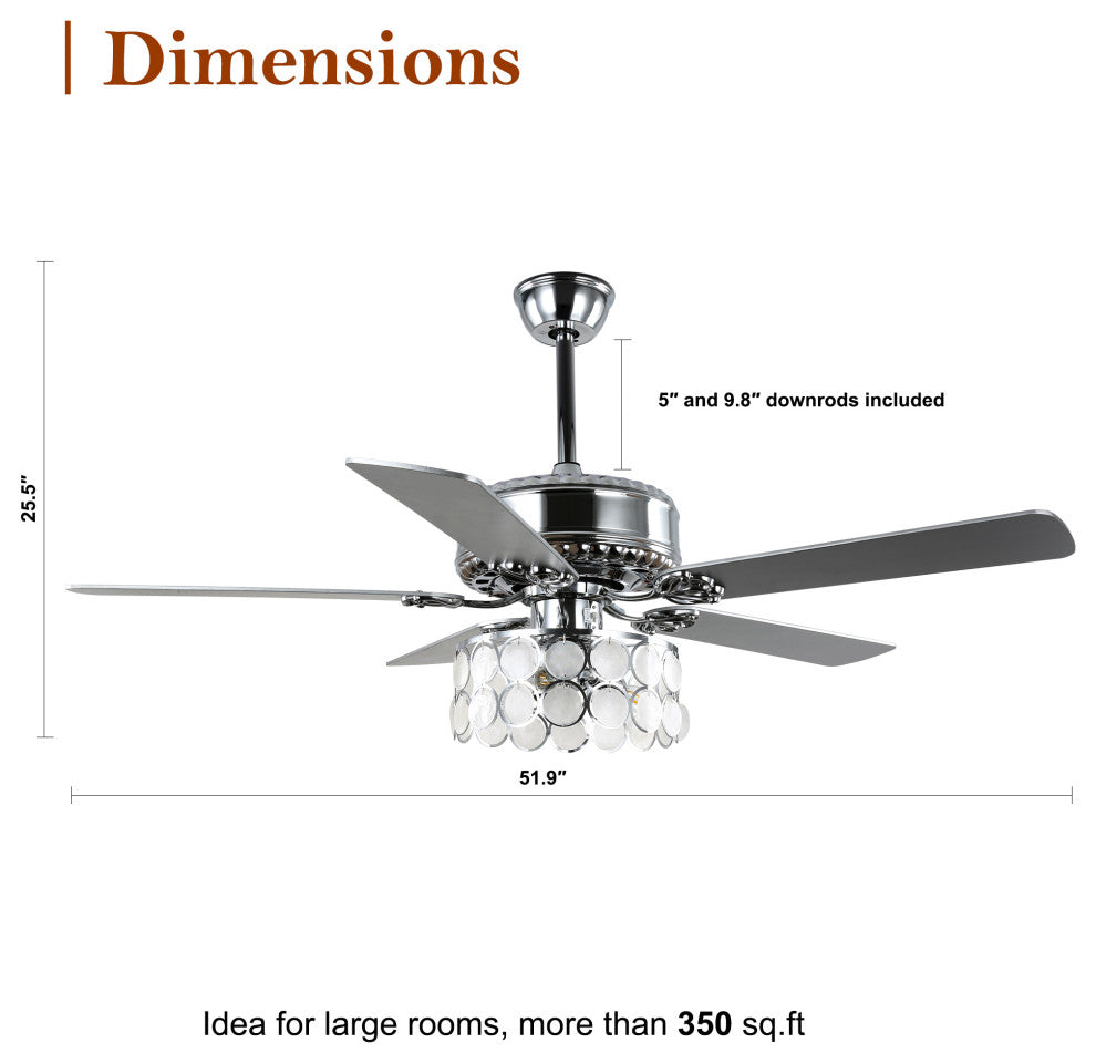 CurveCurio 52" Large Chrome Seashell Shade Ceiling Fan w 3 Light Quiet DC Motor