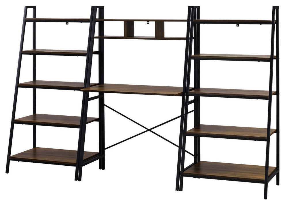 Modern 3-Piece Industrial Metal and Wood Desk and Bookshelf Set "“ Dark Walnut