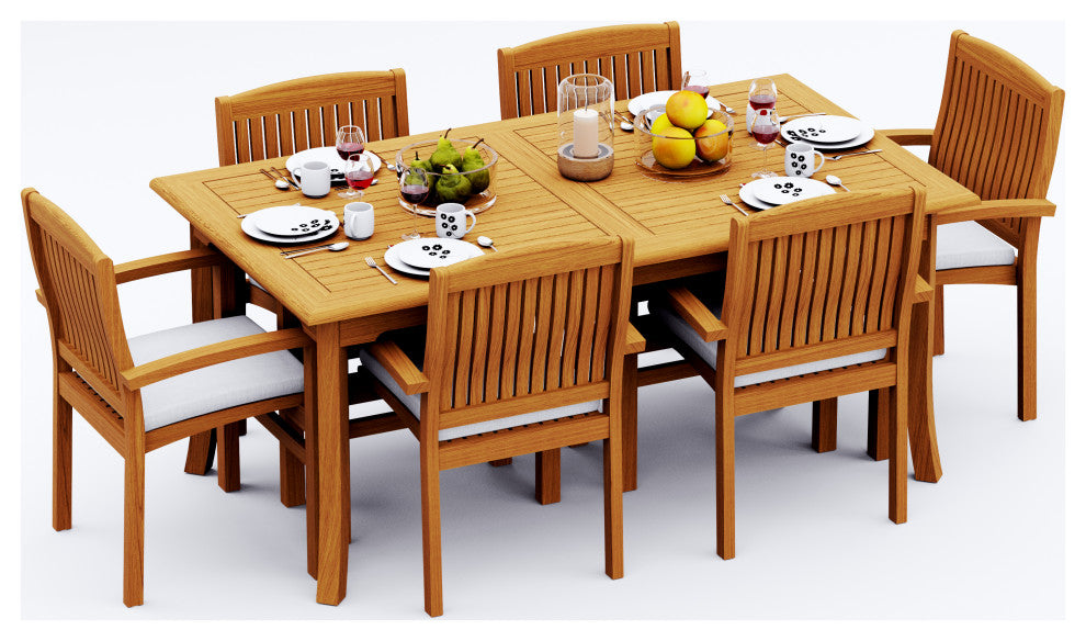 7-Piece Outdoor Teak Dining Set: 71" Rectangle Table, 6 Wave Stacking Arm Chairs