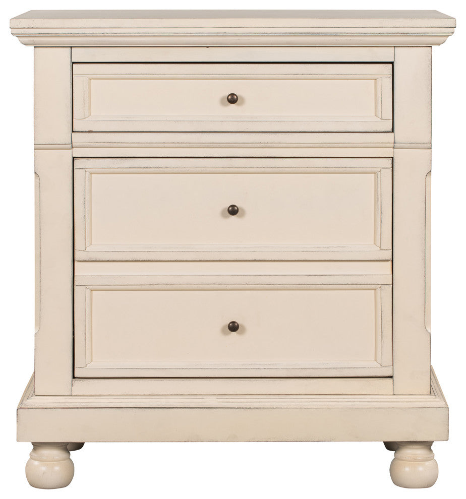 3-Drawer Wood Nightstand, Cream White, 30'' Tall