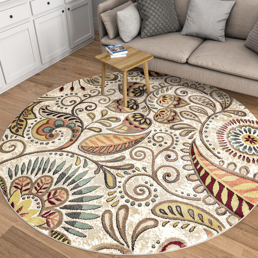 Giselle Transitional Floral Area Rug, Ivory, 5'3'' Round
