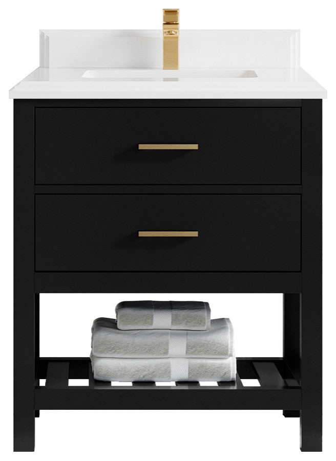 Parker 30" Single Sink Bath Vanity, Black 1.5" White Quartz