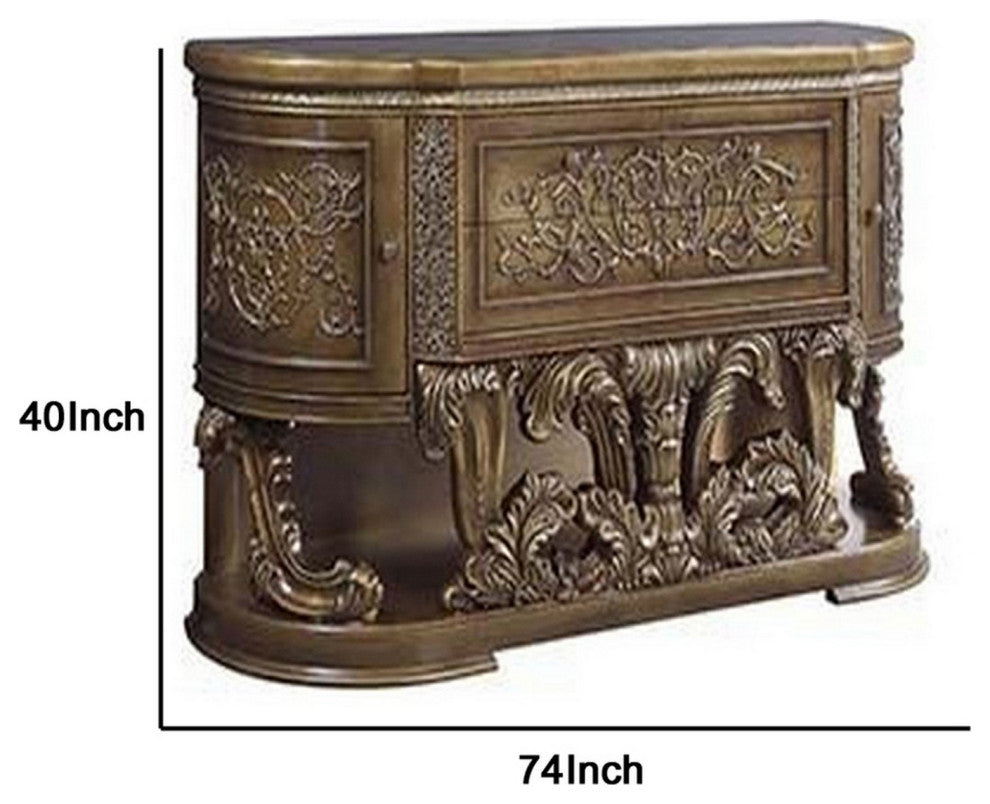 Benzara BM251167 Dresser With Scrolled Carvings & Half Moon Shape, Antique Gold