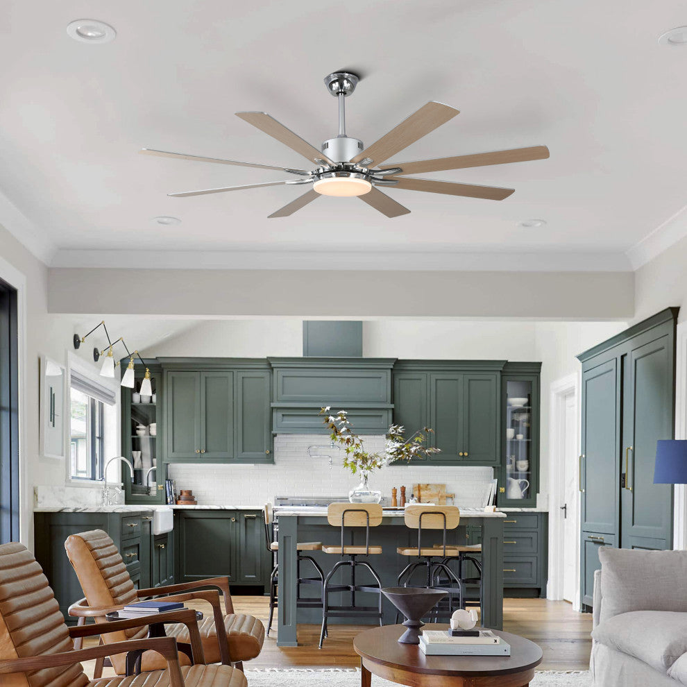 Large 72" Modern 8 Wood Blades Ceiling Fan w Dimmable LED Light Kit , Chrome