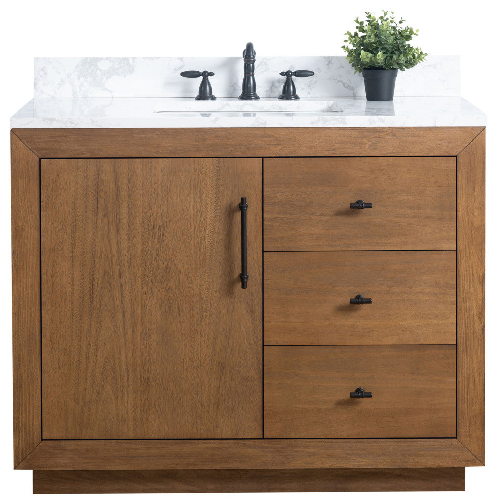 Vanity Art Bathroom Vanity With Sink, Tan, 42" Single, Arabescato White Engineered Marble Top