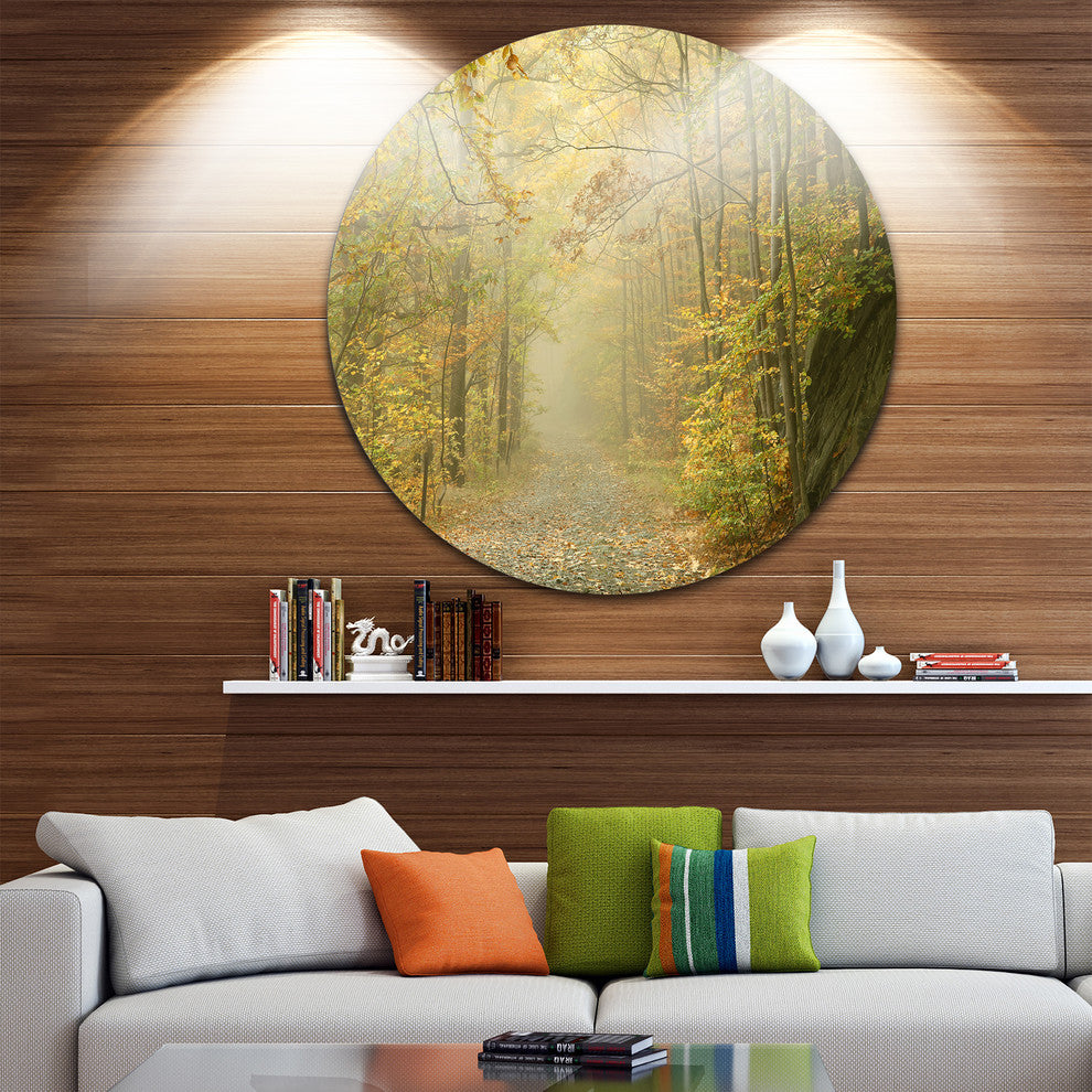 Autumn Forest Path On Misty Morning, Landscape Disc Metal Wall Art, 23"