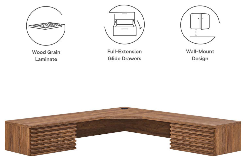 Render Wall Mount Corner Office Desk, Walnut
