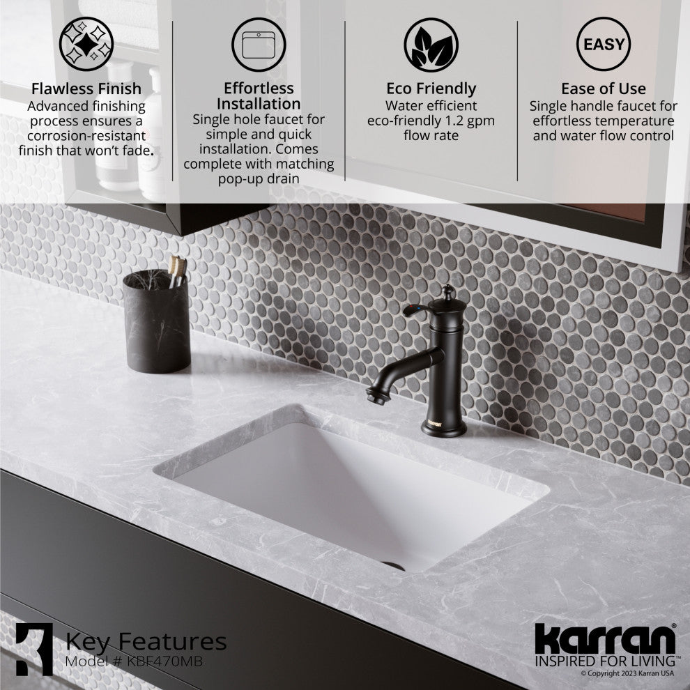Karran 1-Handle 1-Hole Bathroom Faucet With Pop-up Drain, Matte Black
