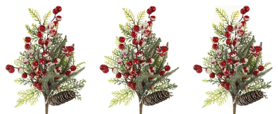 15"H Faux Snow Pinecone Cedar Christmas Pick, Set Of 3